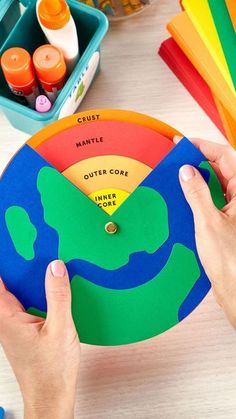 hands holding a colorful paper earth with labels on it