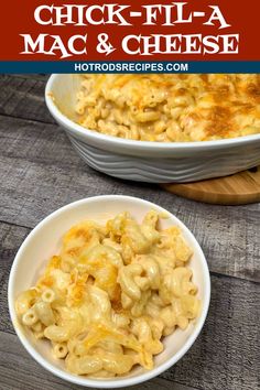 two bowls filled with macaroni and cheese sitting on top of a wooden table