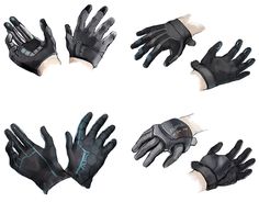 several different types of black gloves on a white background