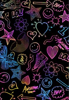 the back side of a cell phone case with neon colored doodles and hearts on it