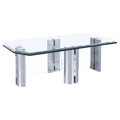 a glass table with two metal legs