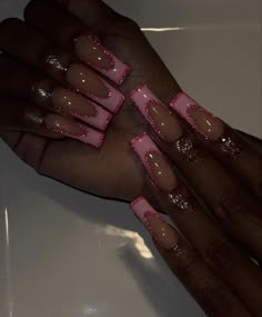 Pink Glitter Bottom Nails, Long Pretty Acrylic Nails Glitter, Long Baddie Nails Pink, Pink And Black Nails Prom, Pink And Black Nails Acrylic French Tips, Acrylics Black Women, Long Nail Designs Black Women, Nicki Inspired Nails, Hot Pink And Black Prom Nails