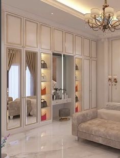 an elegant bedroom with white walls and marble flooring