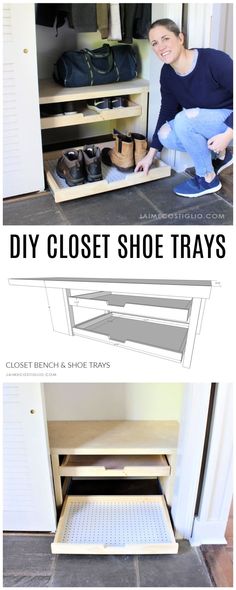 an open shoe rack with shoes in it and the words diy closet shoe trays below