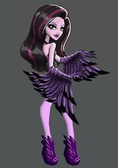 a drawing of a girl with long hair and purple shoes, holding an open wing