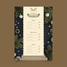 a christmas menu with ornaments on it