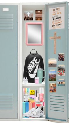 an open locker with various items on it