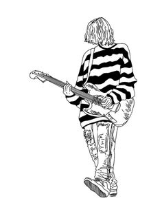 a drawing of a person with a guitar in his hand and wearing a striped shirt