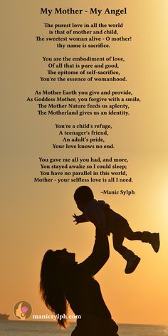 a mother holding her child up in the air with an orange sky behind them and a poem written on it