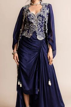 Shop for Nupur Kanoi Blue Crepe Placement Hand Embroidered Kite Cape And Skirt Set for Women Online at Aza Fashions Nupur Kanoi, Mirror Placement, Cape Set, Embroidery Mirror, Embroidered Cape, Draping Fashion, Embroidered Border, Blue Mirror, Work Skirts