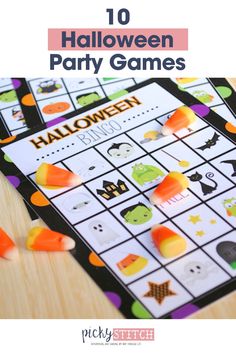 a halloween party game with candy on it and the words, 10 halloween party games