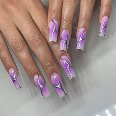 Aura Nails, Purple Acrylic Nails, Nails Gold, Airbrush Nails, Purple Nail Designs, Girly Acrylic Nails, Unique Acrylic Nails