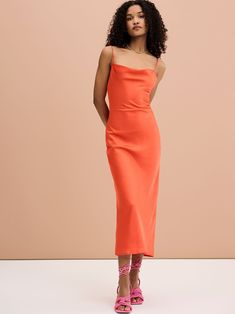 The Riviera in Orange. Featuring a cowl neck with lace up back detailing, in 100% silky soft recycled fabric. Enjoy. Slim Dresses, Polyester Satin, Affordable Clothes, Recycled Fabric, Cowl Neck, Dusty Pink, Satin Fabric, Dress Length, Lace Dress