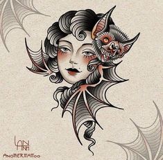 Traditional Tattoo Girls, Bat Tattoo, Spooky Tattoos, Old School Tattoo Designs, Pin Up Tattoos, Traditional Tattoo Art, Tattoo Portfolio