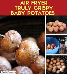 there are many pictures of potatoes in the air fryer and baby potatoes on the grill