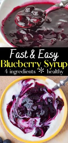 blueberry sauce in a yellow bowl with berries on the side and text overlay that reads, fast & easy blueberry syrup