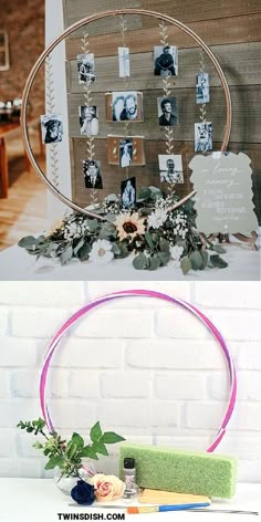 Centerpieces Wedding Simple Easy Diy, Diy Tables For Party, Sweet 16 Photo Display Ideas, Senior Picture Wall Display Home Decor, Displaying Pictures At A Party, 50th Anniversary Photo Display, Bridal Shower Pictures Ideas, Wedding Shower Photo Display, Wedding Shower Photos