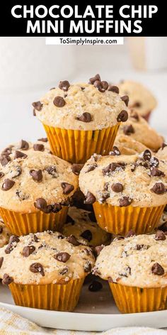 chocolate chip muffins stacked on top of each other with the title above it