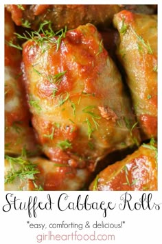 stuffed cabbage rolls with marinara sauce and fresh dill sprigs on top