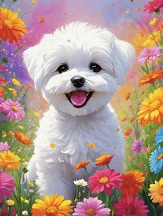 a painting of a white dog in a field of flowers with his tongue hanging out