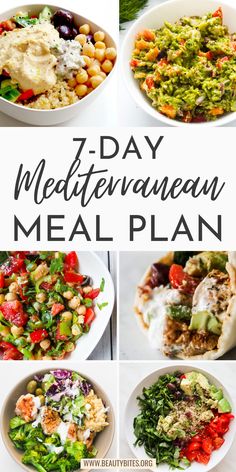 the seven day mediterranean meal plan is shown in four different pictures, including salads and dressing