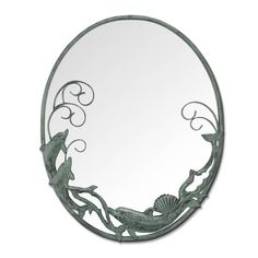 Dolphin Trio Mirror By SPI Home | Mirrors | Modishstore Nautical Mirror, Iron Mirror, Sea Turtle Art, Antique Mirror Wall, Beach Wall Decor, Turtle Art, Oval Wall Mirror, Bathroom Mirrors, Scallop Shell