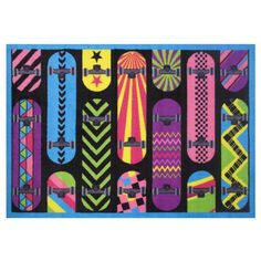 colorful skateboards are lined up against a black background with blue borders and white border