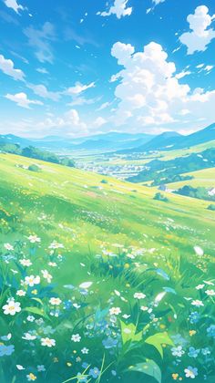 an anime landscape with grass and flowers in the foreground, blue skies above it