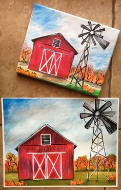 two paintings of red barns and a windmill