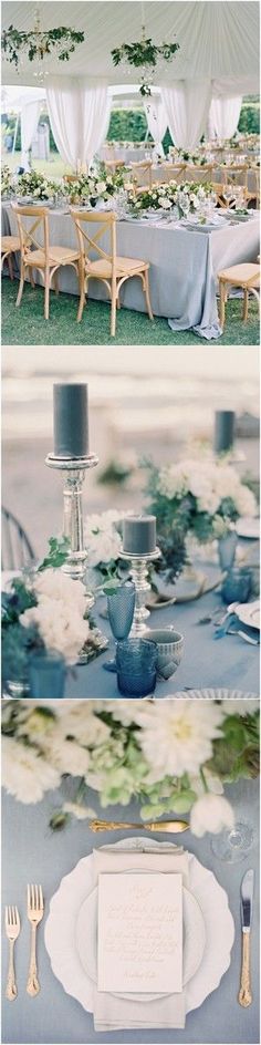 the table is set with flowers and silverware for an elegant wedding reception in blue