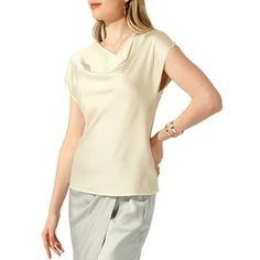 Allegra K Satin Top for Women's Cowl Neck Short Sleeve Dressy Casual Blouse Cowl Neck Short Sleeve Solid Color Satin Fabric Regular Fit Get ready to elevate your spring and summer style with this collection of versatile and timeless summer tops. Great for many occasion, such as work, office, vacation, daily life, dating or going out. Whether you can choose to match with jeans, trousers, pencil skirts, or shorts, you'll effortlessly create stylish and chic look. Size: L.  Color: White.  Gender: f Ladies Chiffon Shirts, Chiffon Shirt Blouse, Casual Blouse Shirts, Ruffle Sleeve Blouse, Silky Blouse, Casual Summer Tops, Pencil Skirts, Summer Blouses, Satin Top