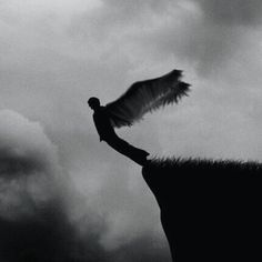 a black and white photo of a bird flying in the sky with clouds behind it