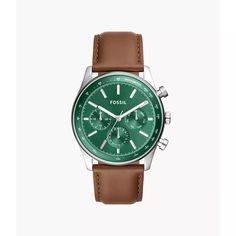 This 44mm Sullivan features a green sunray dial, multifunction movement and brown LiteHide™ leather strap. Fossil leather products support responsible manufacturing via the Leather Working Group. Skeleton Back, Mens Casual Watches, Baby Sewing Patterns, Leather Products, Casual Watches, Mens Casual, Baby Sewing, Gold Leather, Leather Working