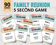 the family reunion 5 second game is shown with five cards in front of it, and four