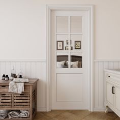 a bathroom with white walls and flooring next to a wooden cabinet filled with items