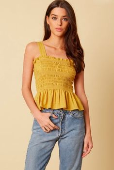 Mustard Peplum Tank Tank Top Ideas, Strapless Tank Top, Peplum Tank Top, Ladylike Style, Grace And Lace, Boho Boutique, Ruffle Tank Top, Yellow Tank Top, Top Ideas