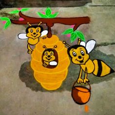 three bees are hanging from a tree and some honeybees are on the ground