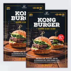 a flyer for a burger restaurant with two hamburgers on the side and an advertise