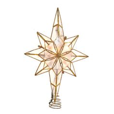 a lighted christmas star hanging from a wire on a white background with clippings