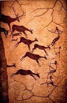 some animals and people are depicted in this rock painting