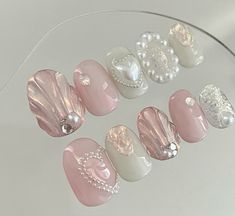 Pearl Hearts Nails, Pearl And Pink Nails, Acrylic Bead Nails, Pink Nails With Pearls, Kpop Idol Nails, Shell Nail Art, Nails Box, Amazon Beauty