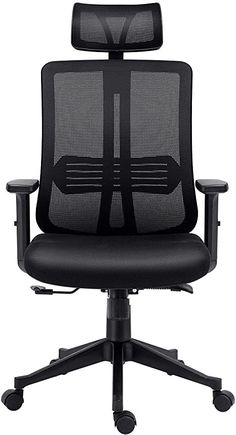 an office chair with black mesh back and armrests, viewed from the front