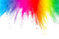 a rainbow colored powder sprinkles into the air on a white background with space for text