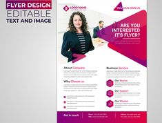 a purple and pink flyer design for a business company with an image of a woman