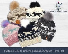 Made to Order Crochet Horse Hat. You can choose the size, colors and materials as each hat is handmade! Custom Order - you choose the color for the Brim, Fence (optional), Horse(s), Background and Pom(optional).  This beautiful hat will not only keep you warm and cozy, but shows off your love for horses and is sure to get lots of compliments. Great for him or her, adult and teens. Hand crocheted, this hat is standard in an acrylic yarn that is easy wash and care for. You can also request alternate materials in either a wool blend, merino wool, or alpaca.  If you are allergic to animal fibers the standard acrylic (or cotton upon request) is a perfect choice. Wool blend is great to create a very warm hat that will keep you warm all winter long! Looking for a little more softness and luxury? Knit Horse Hat Pattern, Crochet Horse Hat, Horse Crochet Hat, Crochet For Horse Lovers, S Background, Crochet Hat With Fur Pom Pom, Crochet Horse, Hat Custom, Pom Pom Hat