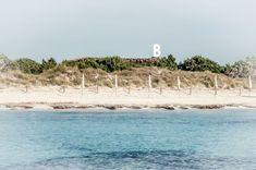 the beach is sandy and has some trees on it, along with a sign that says b