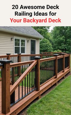 a wooden deck with railings and rails in front of a house that says 20 awesome deck rail ideas for your backyard deck