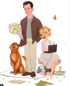 a man standing next to a woman holding a bouquet of flowers and a dog sitting on the ground