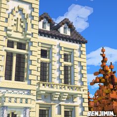 an image of a building made out of legos in minecraft with blue sky and clouds behind it