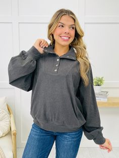 Stay cozy and stylish with this soft, snap-closure pullover! The relaxed fit and warm cozy fabric make it perfect for layering on cooler days, while the snap buttons add a fun, trendy touch and let you adjust the neckline to suit your look. Ideal for lounging or stepping out, this versatile piece will be your new go-to for effortless comfort. Wear it with jeans, a vest, and boots for a comfortable casual look! It also pairs perfectly with leggings and a shacket! We recommend following the size c Vest And Boots, Summer Shorts Denim, Straight Fit Denim, Early Black Friday, Cozy Fabric, Summer Denim, Kick Flares, Curvy Dress, Boot Cut Denim